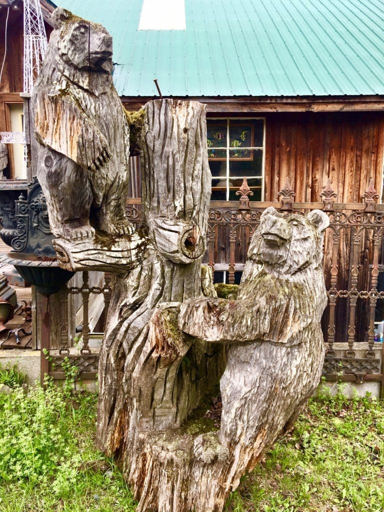 Wooden bear sculpture at Rick's Antiques in Roxbury NY