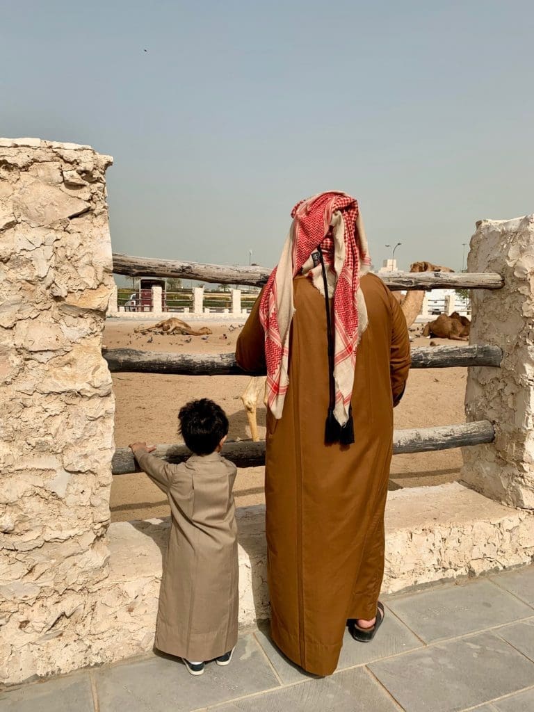 A-man-and-his-son-look-at-the-camels