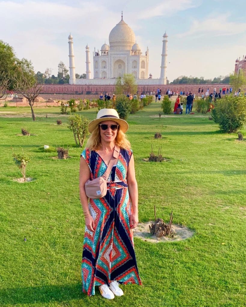 Golden-Triangle-India-Merry-posing-with-Taj-Mahal