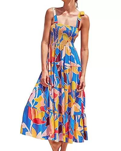 Women's Summer Boho Spaghetti Tie Strap Square Neck Floral Ruffle A Line Beach Long Maxi Swing Dress Sundress